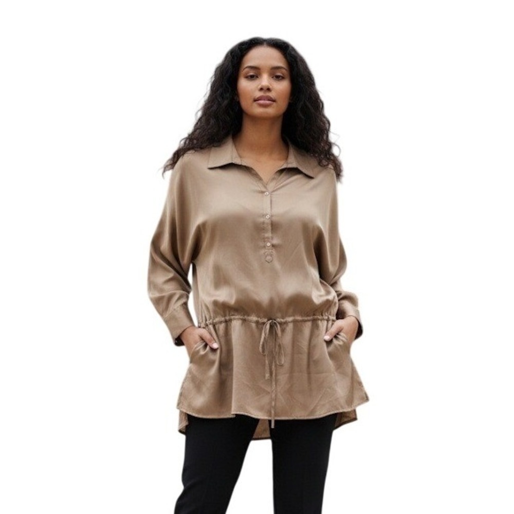 Chicos 3 Satin Tunic Blouse XL Drawstring Long Sleeve Boho Lagenlook Taupe Tan